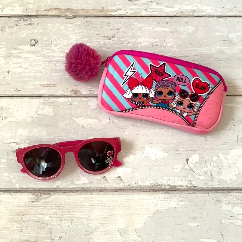 Girls Lol Doll Sunglasses & Carrying Case Pink Glitter Fits Toddlers & Kids